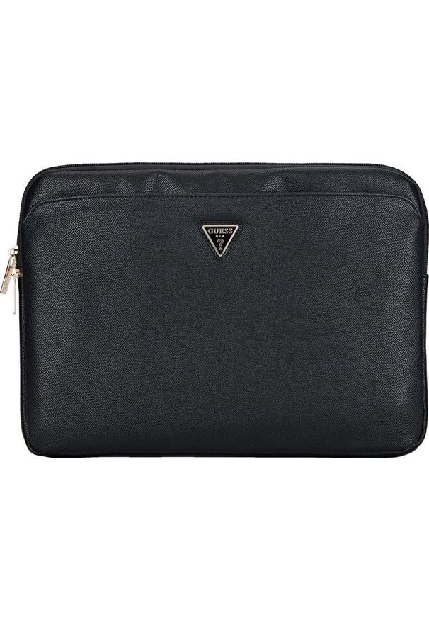 Etui Guess Grained Zipper Pocket Triangle Logo Sleeve 14'' czarny. Kolor: czarny. Materiał: skóra ekologiczna. Styl: klasyczny, elegancki