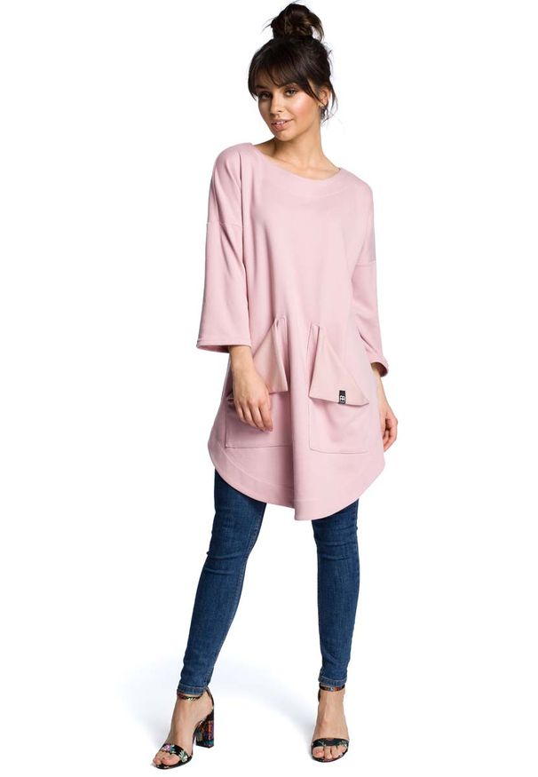 MOE - Pudrowa Codzienna Trapezowa Sukienka Tunika z Kieszeniami. Okazja: na co dzień. Materiał: wiskoza, bawełna, poliester. Typ sukienki: proste, trapezowe. Styl: casual