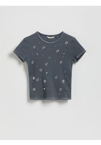 Reserved - Bawełniany t-shirt z aplikacją - ciemnoszary. Kolor: szary. Materiał: bawełna. Wzór: aplikacja #1