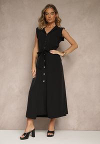 Renee - Czarna Sukienka z Paskiem Koszulowa o Rozkloszowanym Fasonie Mavoselle. Okazja: na co dzień. Kolor: czarny. Materiał: jeans. Typ sukienki: koszulowe. Styl: casual, elegancki