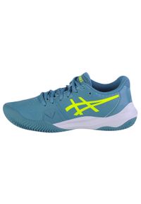 Kobieta Tenis Buty Stabilne Asics Gel-Challenger 14 Niebiesko-Szare. Zapięcie: sznurówki. Kolor: niebieski, żółty, wielokolorowy. Materiał: syntetyk, tkanina, materiał. Szerokość cholewki: normalna. Sport: tenis