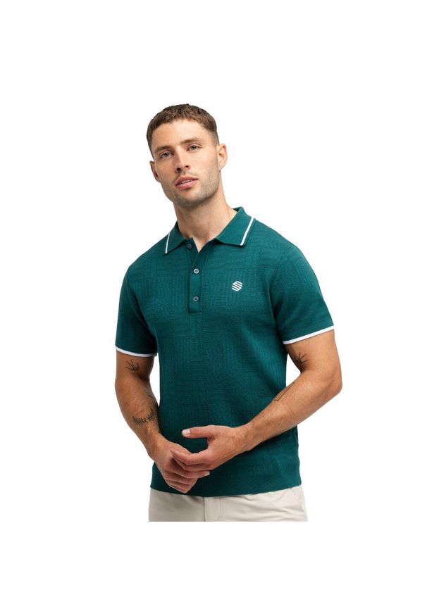SIROKO - Męska golfowa koszulka polo z dzianiny Siroko Trevino Teal. Typ kołnierza: polo. Kolor: zielony. Materiał: dzianina. Długość rękawa: krótki rękaw. Długość: krótkie. Styl: sportowy