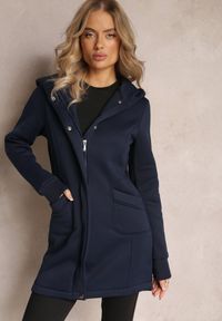 Renee - Granatowa Długa Bluza Ocieplona z Kapturem Ahella. Typ kołnierza: kaptur. Kolor: niebieski. Materiał: tkanina. Długość: długie. Sezon: zima, jesień #1
