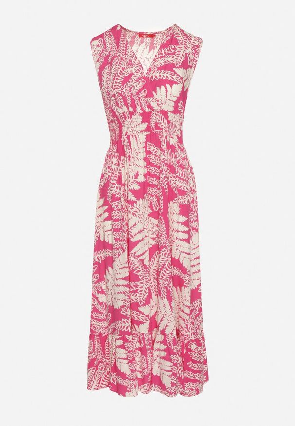 Born2be - Fuksjowa Wiskozowa Sukienka o Rozkloszowanym Kroju z Gumką w Pasie i Dekoltem w Serek Denesta. Okazja: na co dzień. Typ kołnierza: dekolt w serek. Kolor: różowy. Materiał: wiskoza. Styl: boho, elegancki, casual