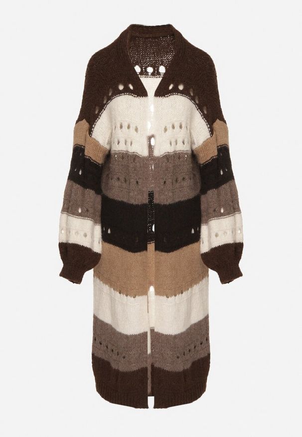 Born2be - Brązowy Długi Kardigan Ażurowy w Paski z Domieszką Wełny i Wiskozy Ilomine. Okazja: na co dzień, na spotkanie biznesowe. Kolor: brązowy. Materiał: wełna, wiskoza. Długość: długie. Wzór: paski, ażurowy. Styl: biznesowy, casual