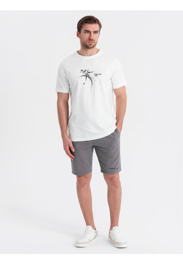 Ombre Clothing - Dopasowane męskie krótkie dresowe spodenki z nadrukami – szare V3 OM-SRSK-0138 - XXL. Kolor: szary. Materiał: dresówka. Długość: krótkie. Wzór: nadruk. Styl: sportowy