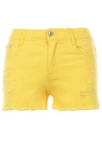 Born2be - Żółte Szorty Kisyse. Kolor: żółty. Materiał: materiał, bawełna, jeans. Długość: krótkie. Wzór: aplikacja #5