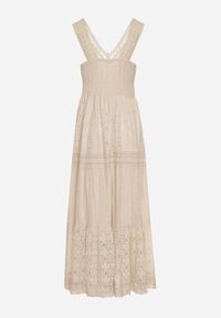 Born2be - Beżowa Koronkowa Sukienka na Szerokich Ramiączkach z Falbanką Disella. Okazja: na spacer. Kolor: beżowy. Materiał: koronka. Długość rękawa: na ramiączkach. Styl: elegancki #7