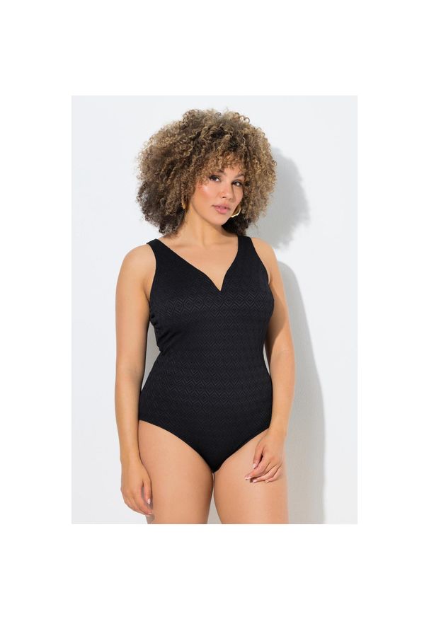 ULLA POPKEN - Damskie Strój kąpielowy struktura w romby miękkie miseczki z recyklingu. Kolekcja: plus size. Kolor: czarny. Materiał: elastan, poliamid, materiał
