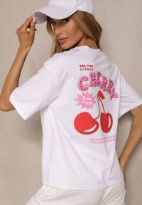 Renee - Biały T-shirt z Bawełną Wzorem Wiśni i Cyrkoniami Linavella. Okazja: na co dzień. Kolor: biały. Materiał: bawełna. Styl: elegancki, casual