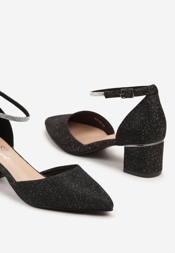 Renee - Czarne Eleganckie Czółenka Ozdobione Cyrkoniami i Brokatem Navilinne. Okazja: na co dzień. Kolor: czarny. Wzór: aplikacja. Obcas: na obcasie. Styl: elegancki. Wysokość obcasa: średni