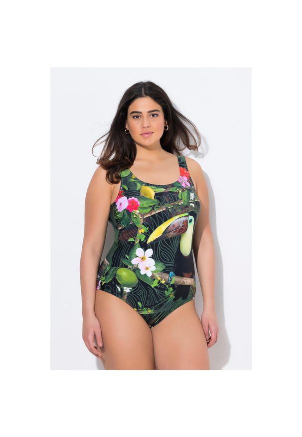 ULLA POPKEN - Damskie Strój kąpielowy tukan bez miękkich miseczek dekolt w serek. Kolekcja: plus size. Kolor: czarny. Materiał: poliamid, materiał, elastan