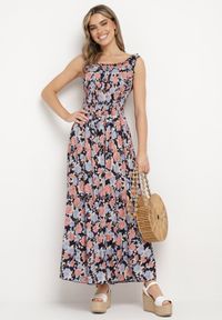 Born2be - Granatowa Rozkloszowana Sukienka Bawełniana w Kwiatowy Print z Guzikami Jamallia. Okazja: na co dzień. Kolor: niebieski. Materiał: bawełna. Wzór: kwiaty, nadruk. Sezon: lato. Typ sukienki: proste. Styl: klasyczny, casual #2