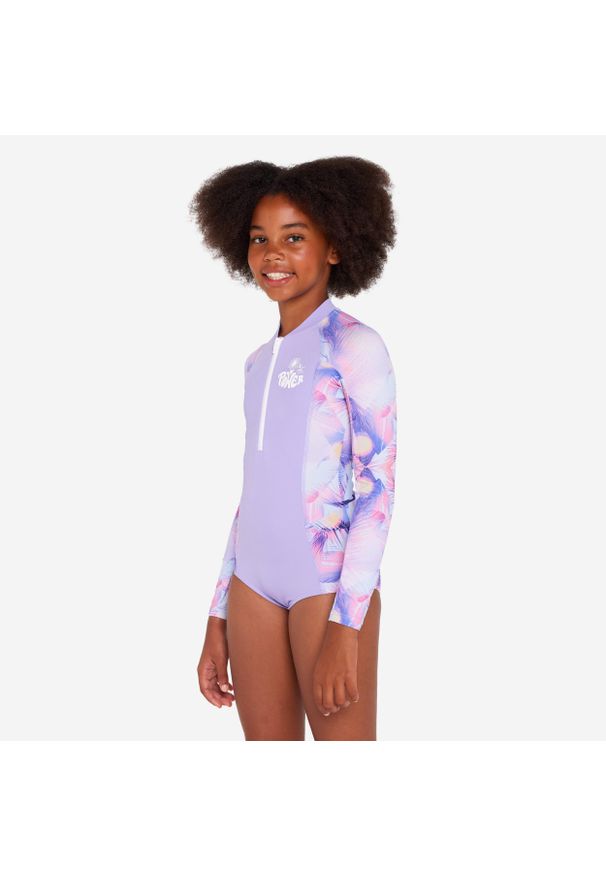 Kostium kąpielowy 1-częściowy surfingowy dla dzieci Decathlon 500 Lucy dł. rękaw. Kolor: różowy. Materiał: materiał