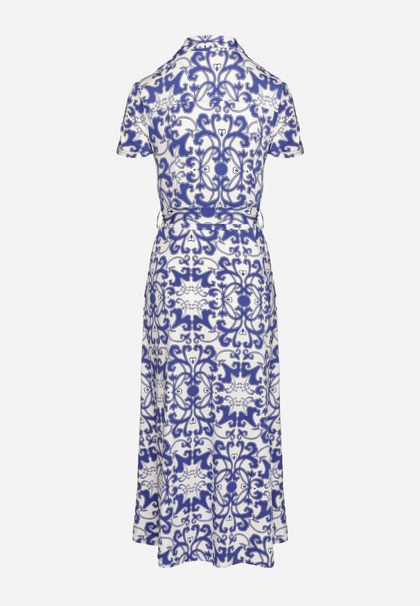 Born2be - Biało-Granatowa Sukienka Midi Koszulowa z Paskiem w Talii w Ornamentalny Print Fiamea. Kolor: biały. Materiał: materiał. Wzór: nadruk. Typ sukienki: koszulowe. Długość: midi