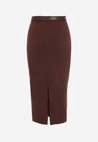 Born2be - Brązowa Ołówkowa Spódnica z Wiskozą Zdobiona Rozcięciem i Paskiem Rowedela. Okazja: na co dzień. Kolor: brązowy. Materiał: wiskoza. Wzór: aplikacja. Styl: casual, elegancki #5