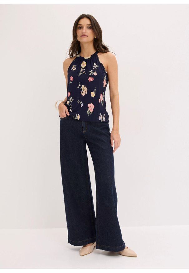 bonprix - Top z mieszanki wiskozy. Kolor: niebieski. Materiał: wiskoza, materiał. Wzór: nadruk