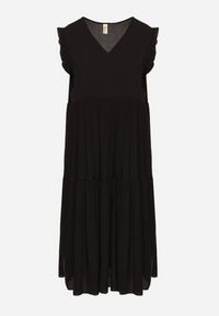 Born2be - Czarna Bawełniana Sukienka Ozdobiona Falbankami Aveliova. Okazja: na co dzień, na spacer, na imprezę. Typ kołnierza: kołnierz z falbankami. Kolor: czarny. Materiał: bawełna. Wzór: aplikacja. Typ sukienki: proste. Styl: casual, elegancki. Długość: midi #6