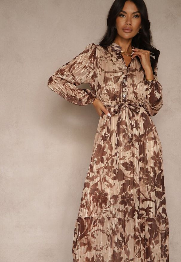 Renee - Brązowa Sukienka o Rozkloszowanym Kroju z Wiązanym Paskiem i Metaliczną Nicią Nalimirae. Okazja: na co dzień. Typ kołnierza: dekolt w kształcie V. Kolor: brązowy. Materiał: elastan, wiskoza, skóra. Styl: casual