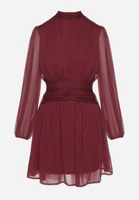 Born2be - Bordowa Sukienka Rozkloszowane ze Stójką Marszczeniami i Transparentnymi Ramionami Belabria. Okazja: na co dzień. Typ kołnierza: kołnierzyk stójkowy. Kolor: czerwony. Typ sukienki: rozkloszowane. Styl: casual, klasyczny #5