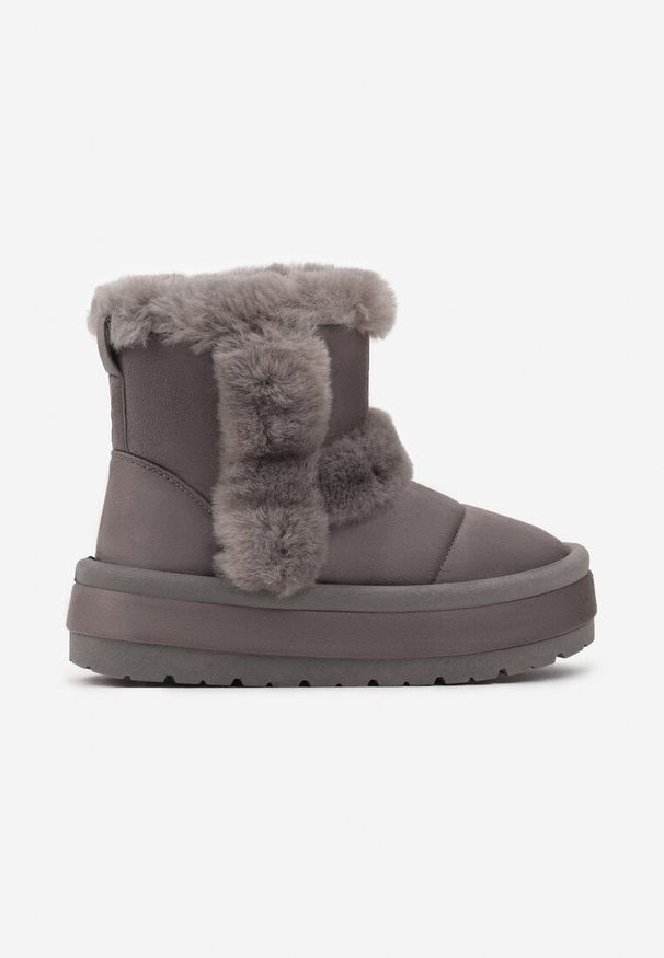 Born2be - Szare Śniegowce z Imitacji Zamszu na Grubej Podeszwie Zdobione Futrem Maziel. Kolor: szary. Materiał: futro, zamsz. Wzór: aplikacja. Sezon: zima. Styl: elegancki