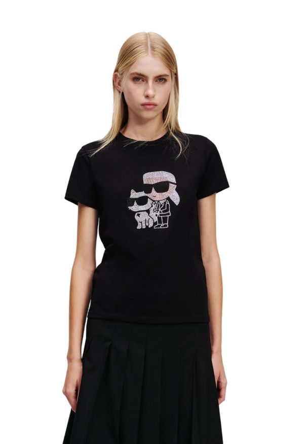 Karl Lagerfeld - KARL LAGERFELD Сzarny damski t-shirt z cyrkoniami Ikon Duo, Rozmiar S. Kolor: czarny