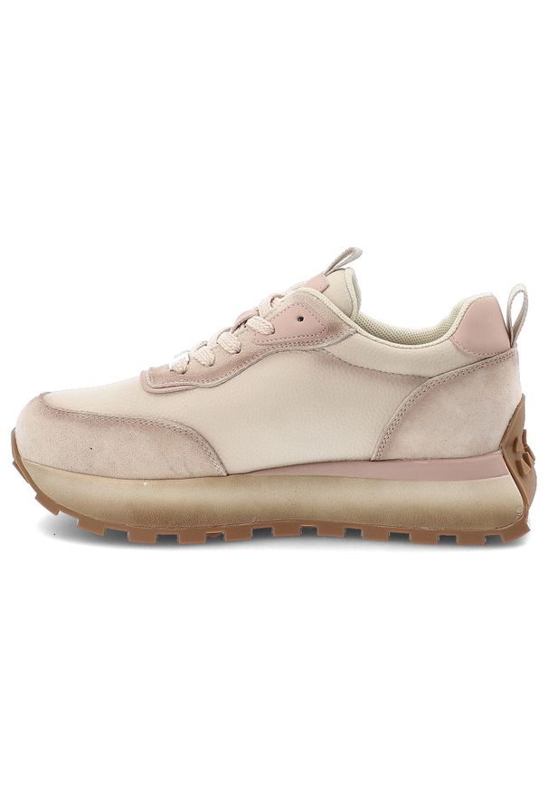 Sneakersy damskie Filippo, skóra naturalna i zamszowa wstawki sznurowany fason gruba amortyzująca podeszwa bieżnikowana podeszwa, beżowe, DP7754/26. Okazja: na spacer, na co dzień. Zapięcie: sznurówki. Kolor: beżowy. Materiał: zamsz, skóra. Szerokość cholewki: normalna. Styl: casual, klasyczny