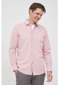 BOSS koszula z domieszką lnu 50469797 męska kolor różowy slim z kołnierzykiem włoskim. Typ kołnierza: kołnierzyk włoski. Kolor: różowy. Materiał: len #3
