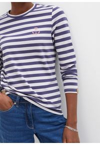 bonprix - Shirt z długim rękawem w paski i haftem. Kolor: fioletowy. Materiał: bawełna. Długość rękawa: długi rękaw. Długość: długie. Wzór: haft, paski. Styl: elegancki #3