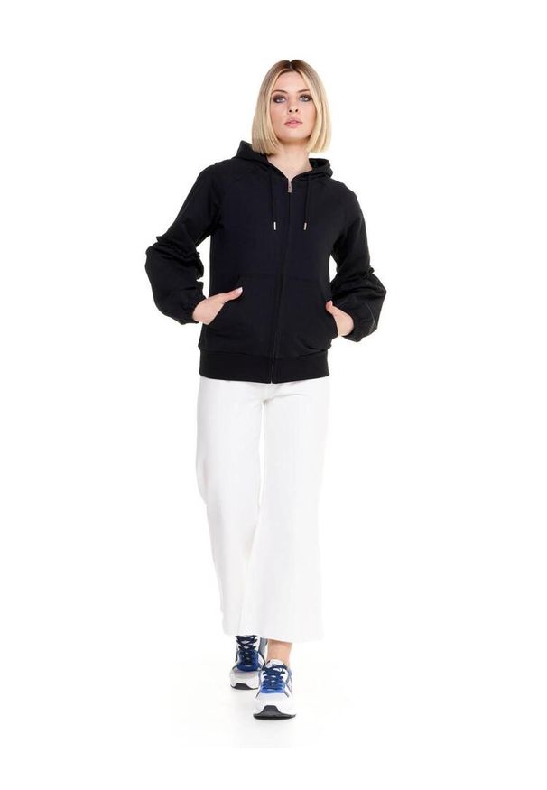LEONE 1947 APPAREL - Błyszcząca damska bluza z kapturem zapinana na zamek. Typ kołnierza: kaptur. Kolor: czarny. Materiał: tkanina. Sport: fitness