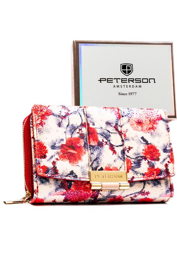 Wielokolorowy portfel damski wykonany ze skóry ekologicznej, ozdobiony kwiatowym wzorem - Peterson. Kolor: wielokolorowy. Materiał: skóra ekologiczna. Wzór: aplikacja, kwiaty