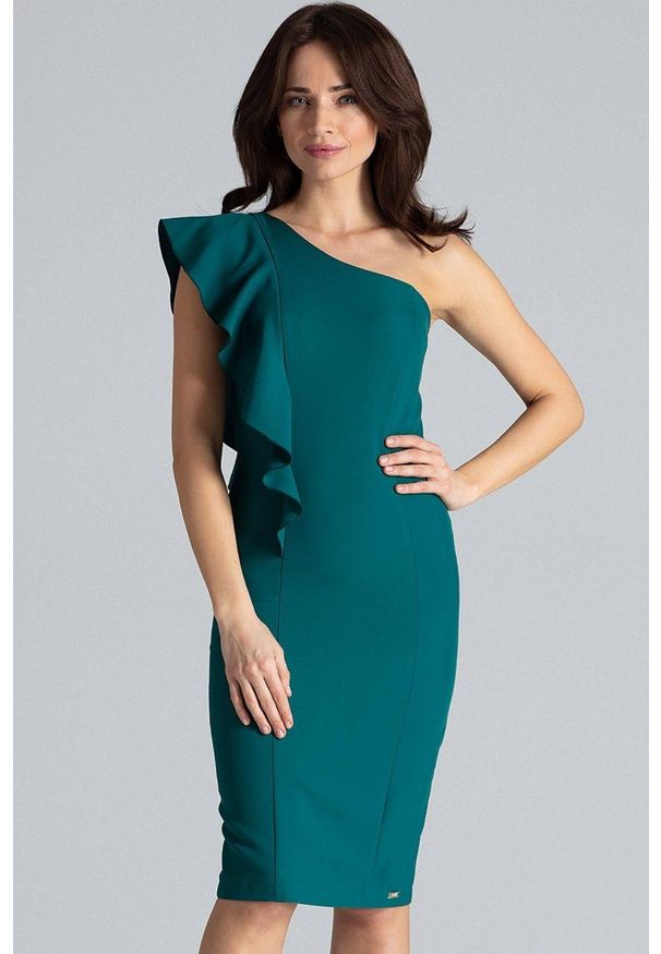 Lenitif - Ołówkowa sukienka na jedno ramię z falbaną zielona. Okazja: na imprezę, na ślub cywilny, na wesele, na randkę. Kolor: zielony. Typ sukienki: ołówkowe. Styl: elegancki