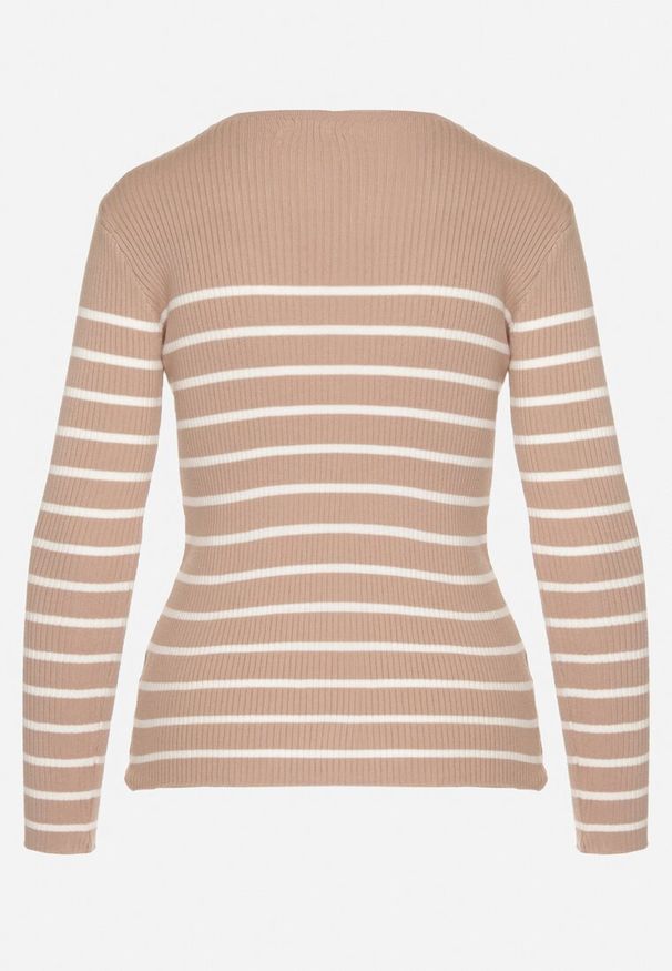 Born2be - Beżowa Bluzka z Bawełną w Paski Ozdobiona Guzikami Gelvila. Okazja: na co dzień. Kolor: beżowy. Materiał: bawełna. Wzór: paski, aplikacja. Styl: casual