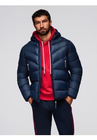 Ombre Clothing - Nowoczesna męska pikowana kurtka z łączonych materiałów – granatowa V2 - Rozmiar: L. Typ kołnierza: kołnierzyk stójkowy. Kolor: niebieski. Materiał: materiał. Długość: długie