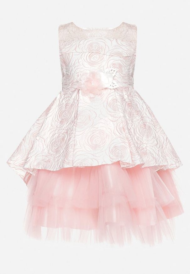 Born2be - Różowa Rozkloszowana Tiulowa Sukienka w Kwiaty z Bolerkiem na Guziki Zepene. Okazja: na co dzień. Typ kołnierza: kołnierz z falbankami. Kolor: różowy. Materiał: tiul. Długość rękawa: długi rękaw. Wzór: kwiaty. Typ sukienki: proste. Styl: casual, elegancki