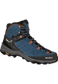 Buty trekkingowe męskie Salewa MS Alp Trainer 2 Mid Gtx. Wysokość cholewki: za kostkę. Zapięcie: sznurówki. Kolor: niebieski. Materiał: zamsz, materiał, skóra, syntetyk. Szerokość cholewki: normalna