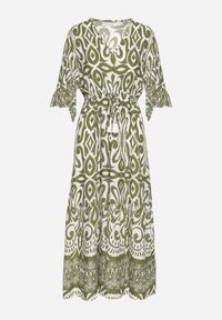 Born2be - Zielona Sukienka Bawełniana w Ornamentalny Wzór z Gumką w Talii Orrielle. Okazja: na co dzień. Typ kołnierza: dekolt w serek. Kolor: zielony. Materiał: bawełna. Typ sukienki: sportowe. Styl: casual, sportowy #5