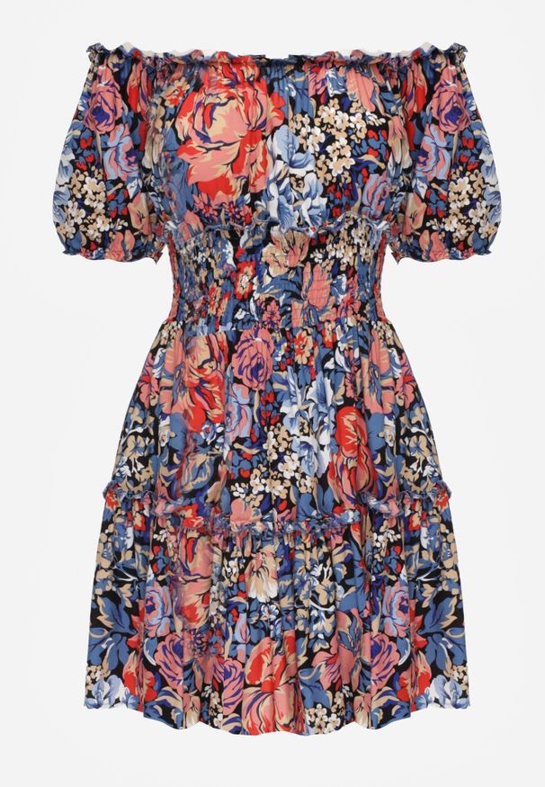 Born2be - Niebiesko-Czarna Wiskozowa Sukienka Mini z Gumkami w Pasie i Falbanką Muena. Typ kołnierza: kołnierz z falbankami. Kolor: niebieski. Materiał: wiskoza. Wzór: kwiaty. Długość: mini