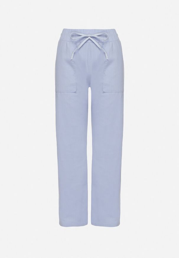 Born2be - Jasnoniebieskie Spodnie z Bawełny Ozdobione Wiązaniem Davione. Okazja: na co dzień. Kolor: niebieski. Materiał: bawełna. Wzór: aplikacja. Styl: casual, elegancki