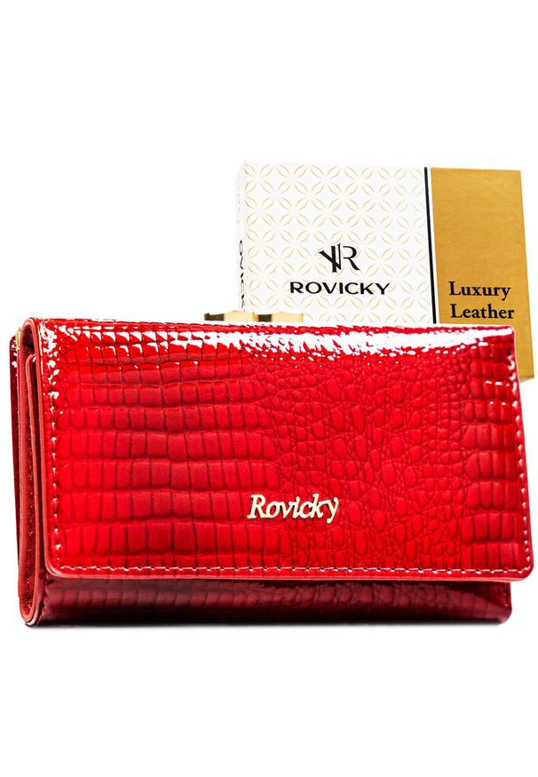 ROVICKY - Średni portfel damski ze skóry naturalnej w czerwonym kolorze zamykany na bigiel i zatrzask RH-23-1-RS Rovicky. Kolor: czerwony. Materiał: skóra