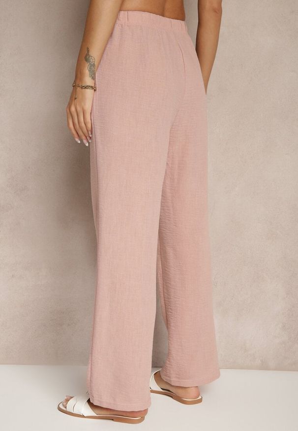 Renee - Różowe Spodnie High Waist z Szeroką Nogawką i Gumką w Pasie Mirarena. Okazja: do pracy, na co dzień, na spotkanie biznesowe. Stan: podwyższony. Kolor: różowy. Styl: casual, elegancki, biznesowy