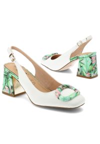 Czółenka damskie S.Barski, cholewka ze skóry naturalnej z elegancką broszką i stabilnym obcasem, zielone, LZ61-2010. Kolor: biały. Materiał: skóra. Szerokość cholewki: normalna. Obcas: na obcasie. Styl: elegancki. Wysokość obcasa: średni #3