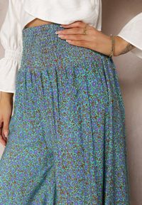 Renee - Zielono-Niebieskie Bawełniane Spodnie z Szerokimi Nogawkami 7/8 w Kwiatki Aliany. Kolor: zielony. Materiał: bawełna. Wzór: kwiaty #4