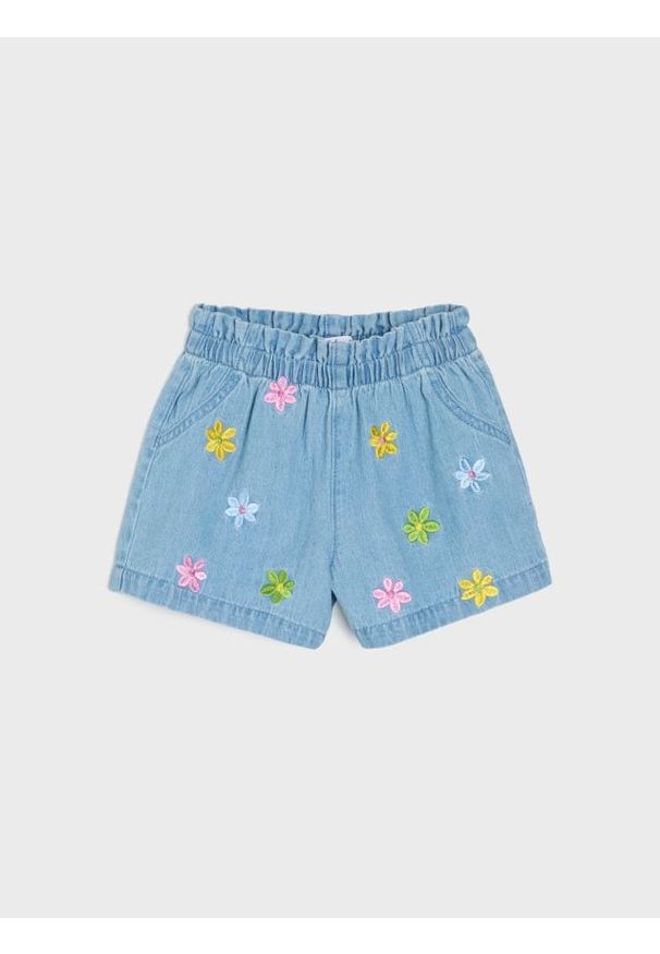 Sinsay - Szorty jeansowe z haftowanymi kwiatkami - niebieski. Kolor: niebieski. Materiał: jeans. Wzór: kwiaty, haft