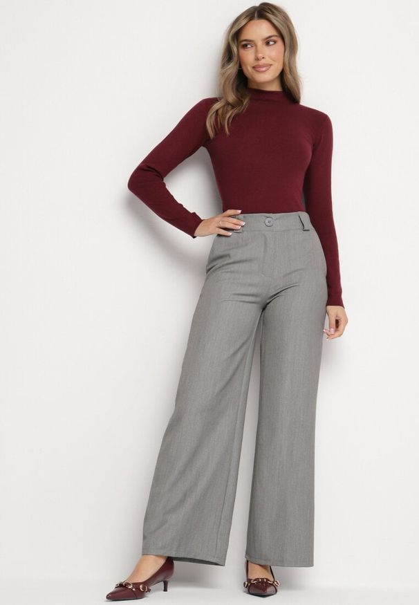 Born2be - Szare Spodnie Garniturowe z Wiskozą z Szerokimi Nogawkami i Wysokim Stanem Attenna. Okazja: na co dzień. Stan: podwyższony. Kolor: szary. Materiał: wiskoza. Styl: casual