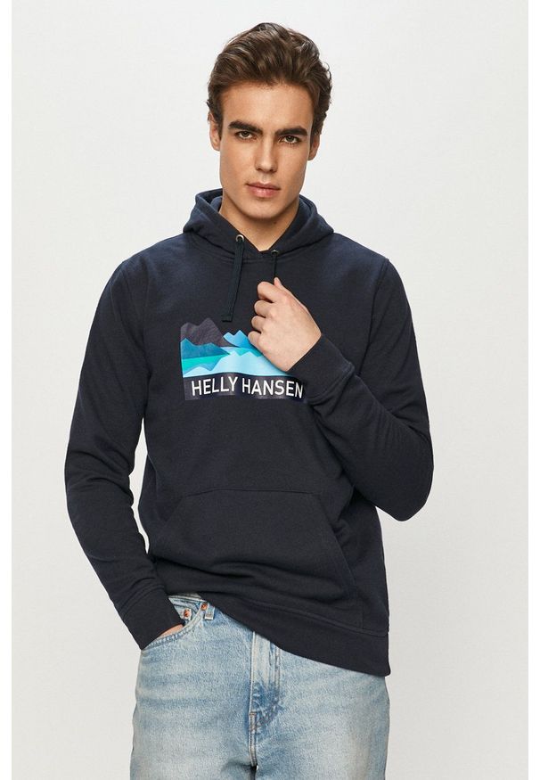 Helly Hansen - Bluza. Okazja: na co dzień. Typ kołnierza: kaptur. Kolor: niebieski. Wzór: nadruk. Styl: casual