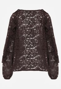 Born2be - Brązowa Bluzka z Koronki Ozdobiona Falbankami Sewola. Typ kołnierza: kołnierz z falbankami. Kolor: brązowy. Materiał: koronka. Wzór: aplikacja, koronka. Styl: elegancki #7