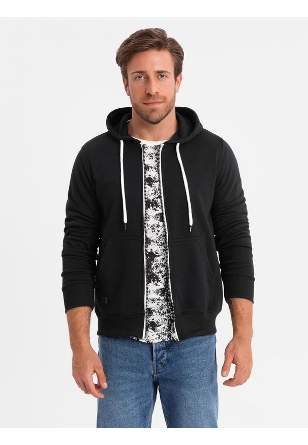 Ombre Clothing - Bluza męska rozpinana z kapturem BASIC - czarna V1 - Rozmiar: XL. Typ kołnierza: kaptur. Kolor: czarny. Materiał: poliester, bawełna