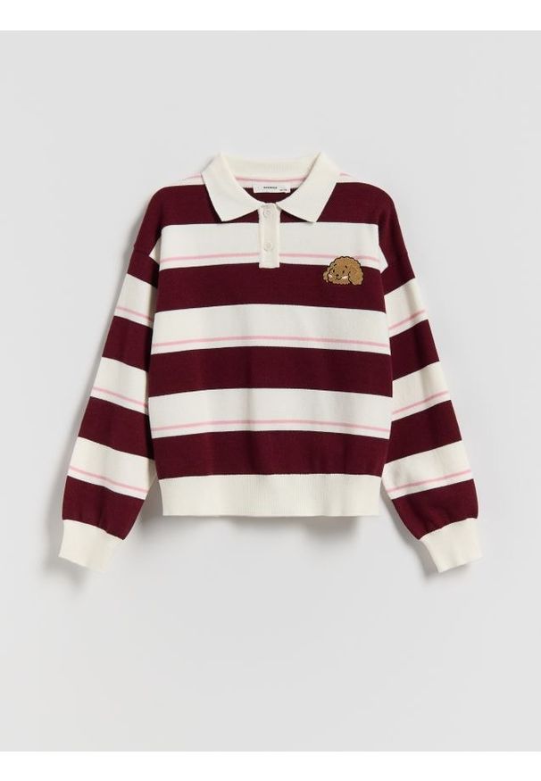 Reserved - Sweter polo w paski Boffie & Poko - wielobarwny. Typ kołnierza: polo. Materiał: wiskoza, dzianina. Wzór: paski