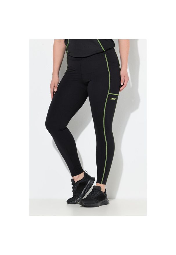 ULLA POPKEN - Damskie Legginsy sportowe neonowe szwy kieszenie z recyklingu. Kolekcja: plus size. Kolor: czarny. Materiał: materiał, poliester, elastan